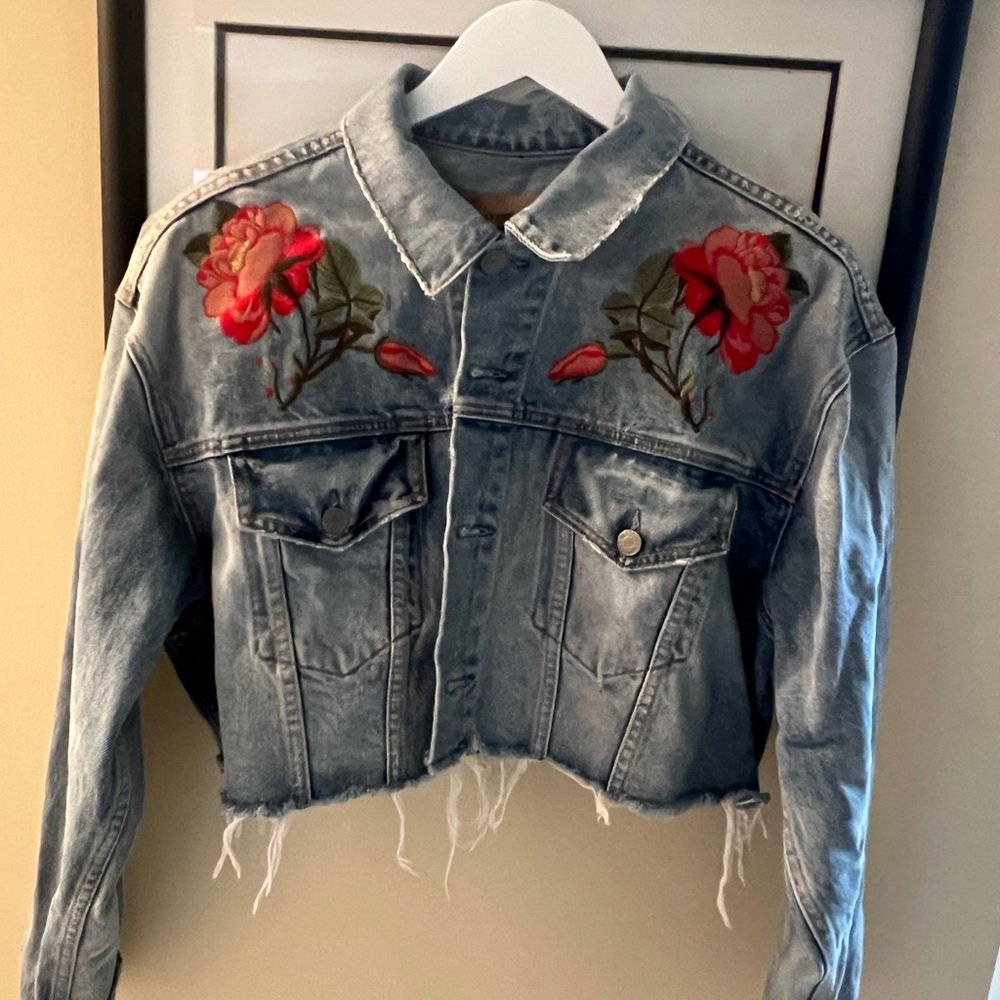 GRLFRND Blue Jean Jacket with Red Floral Embroidery